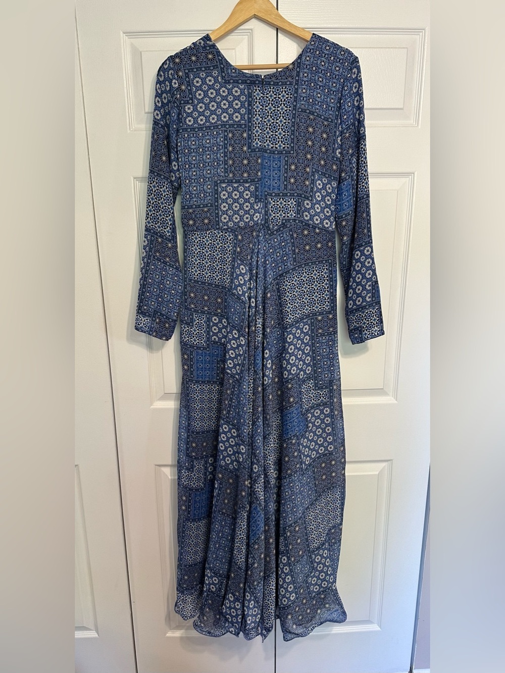 Blue Patchwork Maxi Dress Womens Sz M Long Sleeve Geometric Pattern Flare Hem